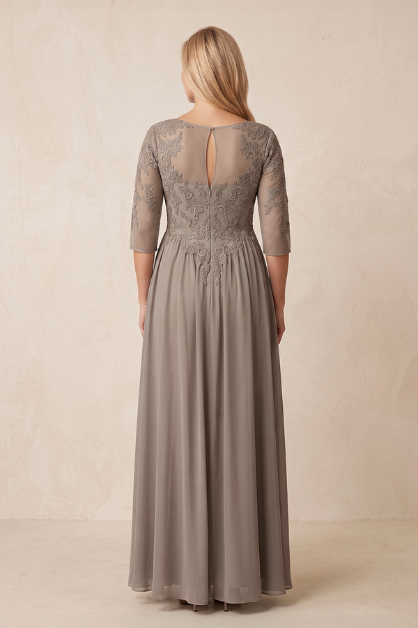 Almond Illusion Neck Embroidered Tulle A-Line Mother of the Bride Dress with Sleeves (2) | KISSBRIDAL