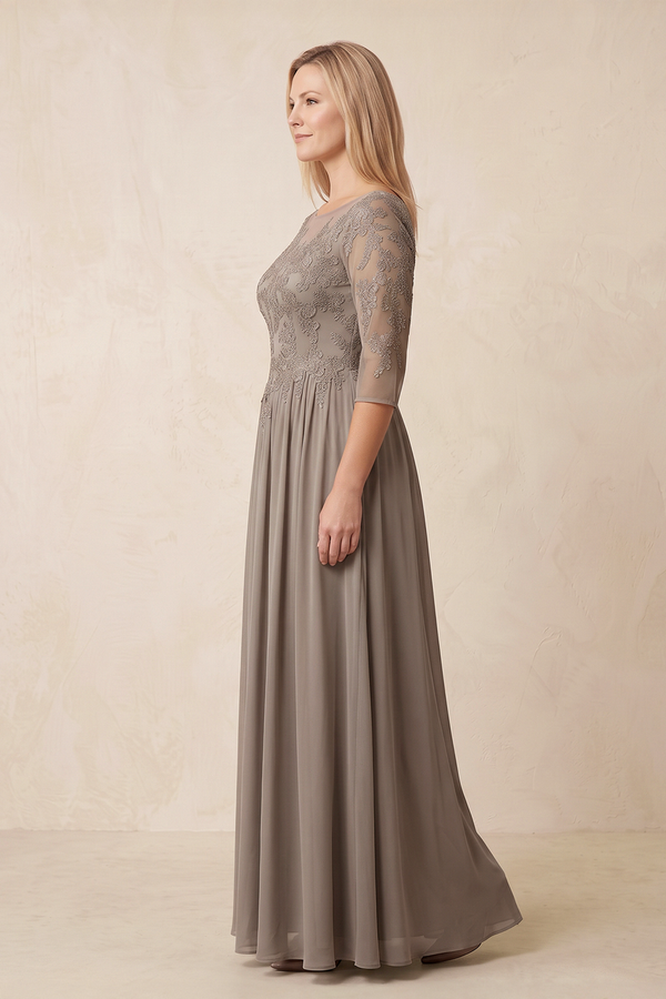 Almond Illusion Neck Embroidered Tulle A-Line Mother of the Bride Dress with Sleeves (3) | KISSBRIDAL