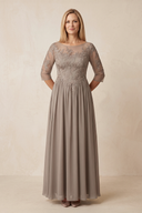 Almond Illusion Neck Embroidered Tulle A-Line Mother of the Bride Dress with Sleeves | KISSBRIDAL