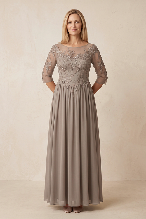 Almond Illusion Neck Embroidered Tulle A-Line Mother of the Bride Dress with Sleeves | KISSBRIDAL