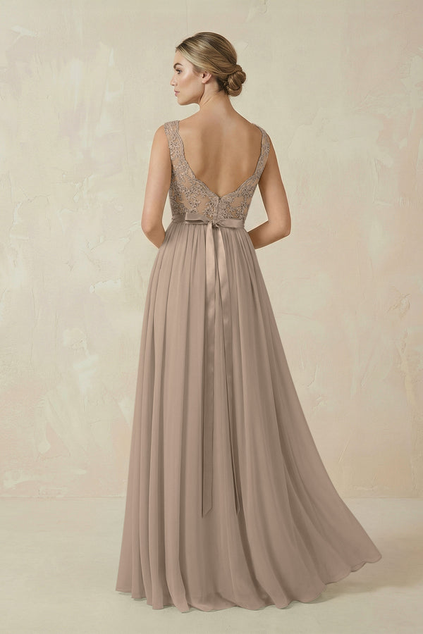 Almond Lace A-Line Bateau Neck Chiffon Long Bridesmaid Dress (2) | KISSBRIDAL
