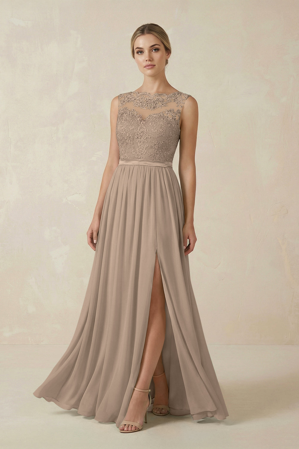 Lace A-Line Bateau Neck Chiffon Long Bridesmaid Dress in Almond