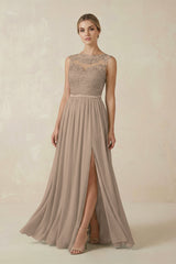 Almond Lace A-Line Bateau Neck Chiffon Long Bridesmaid Dress | KISSBRIDAL