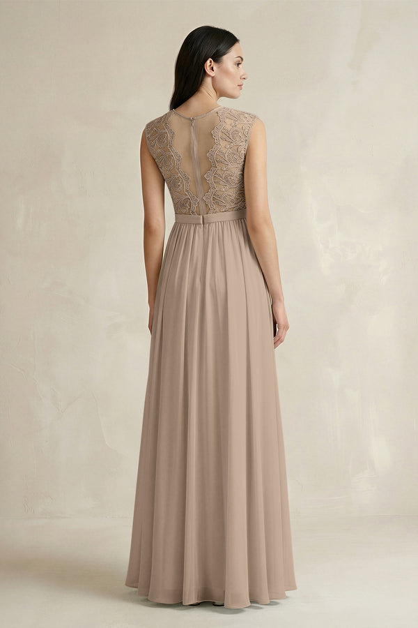 Almond Lace Chiffon A-Line Round Neck Bridesmaid Dress (2) | KISSBRIDAL