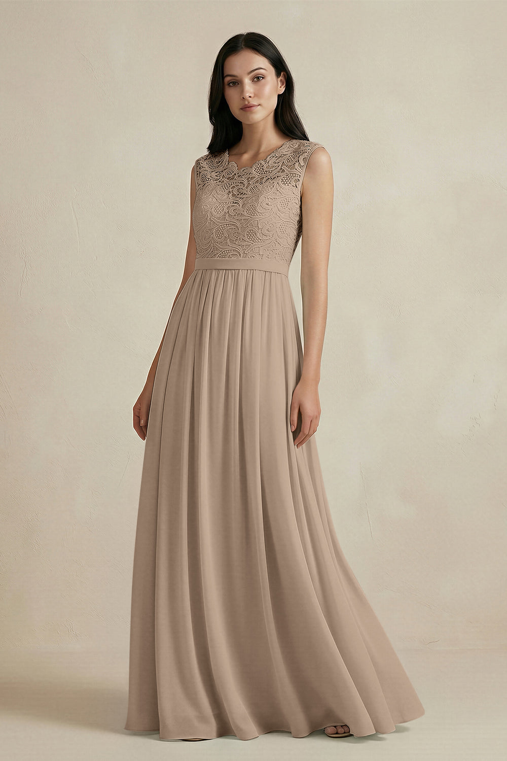 Lace Chiffon A-Line Round Neck Bridesmaid Dress in Almond