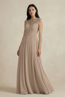 Almond Lace Chiffon A-Line Round Neck Bridesmaid Dress | KISSBRIDAL