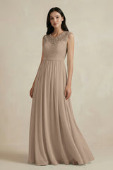 Almond Lace Chiffon A-Line Round Neck Bridesmaid Dress | KISSBRIDAL