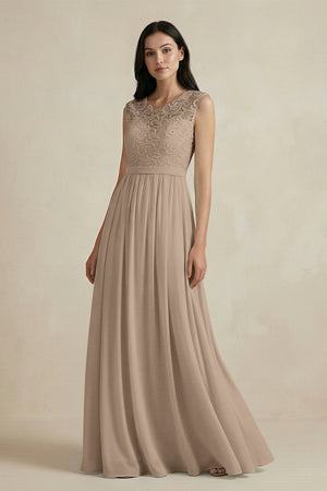 Almond Lace Chiffon A-Line Round Neck Bridesmaid Dress | KISSBRIDAL