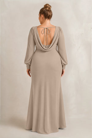 Almond Long Sleeve V-Neck Sheath Chiffon Bridesmaid Dress (2) [sizeplus] | KISSBRIDAL