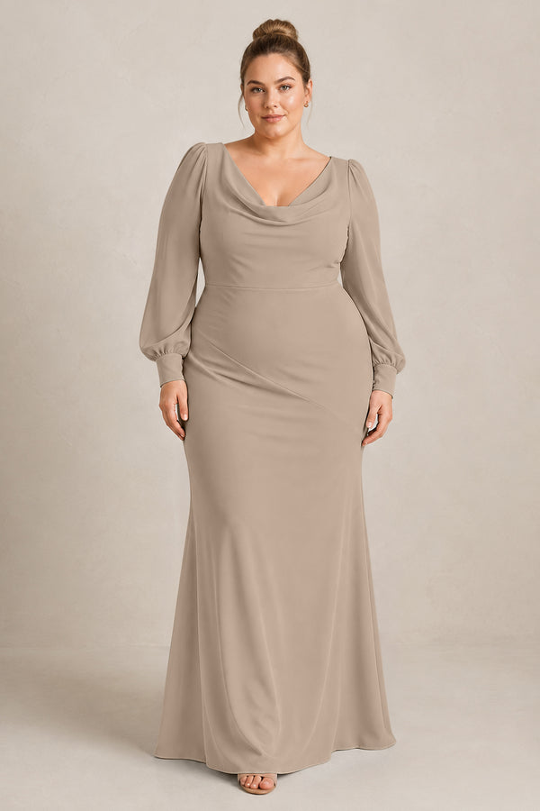 Almond Long Sleeve V-Neck Sheath Chiffon Bridesmaid Dress [sizeplus] | KISSBRIDAL