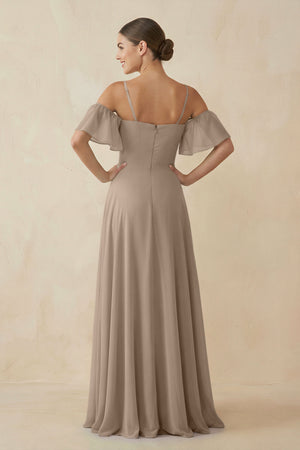 Almond Off-the-Shoulder A-Line Chiffon Bridesmaid Dress (2) | KISSBRIDAL