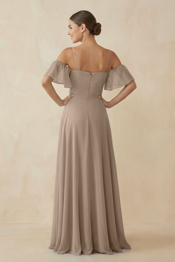 Almond Off-the-Shoulder A-Line Chiffon Bridesmaid Dress (2) | KISSBRIDAL
