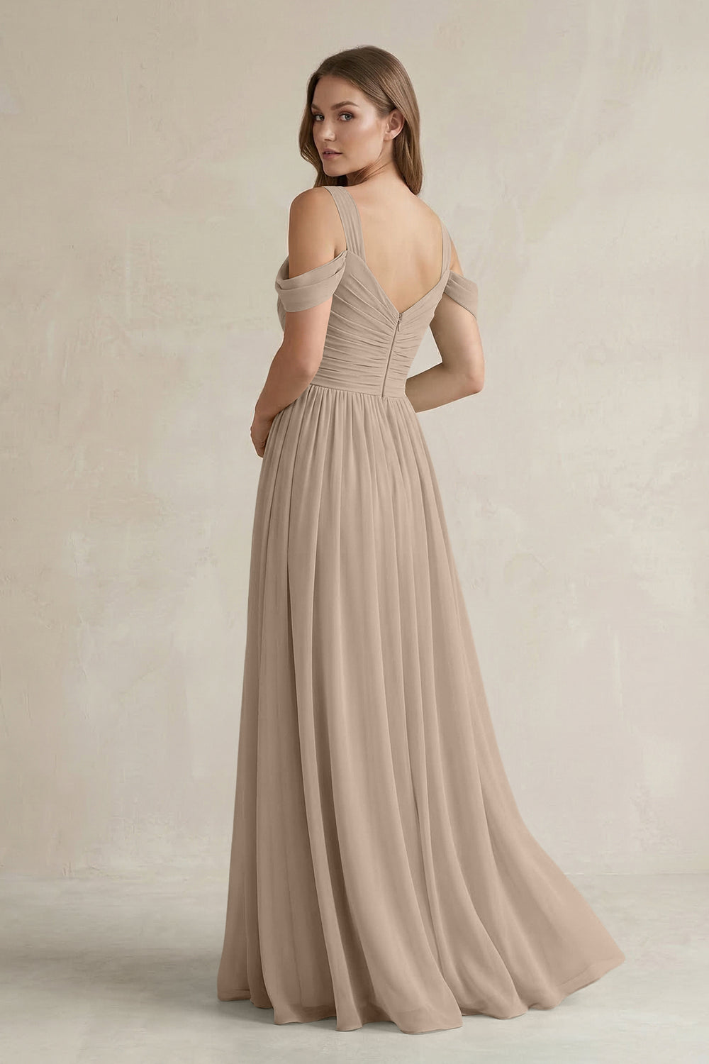 Off-the-Shoulder A-Line Chiffon Bridesmaid Dress With Slit in Almond