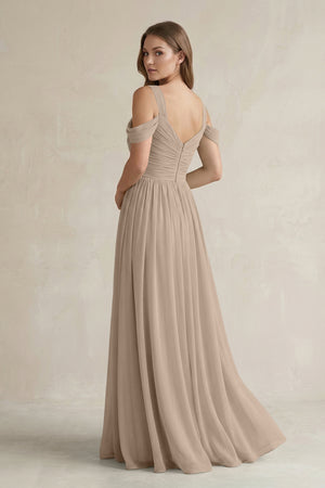 Almond Off-the-Shoulder A-Line Chiffon Bridesmaid Dress With Slit (2) | KISSBRIDAL