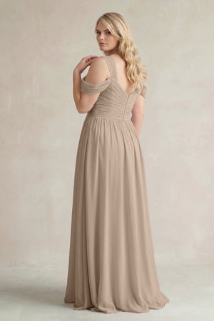 Almond Off-the-Shoulder A-Line Chiffon Bridesmaid Dress With Slit (2) | KISSBRIDAL