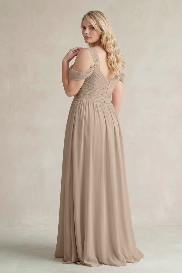 Almond Off-the-Shoulder A-Line Chiffon Bridesmaid Dress With Slit (2) | KISSBRIDAL