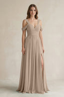 Almond Off-the-Shoulder A-Line Chiffon Bridesmaid Dress With Slit | KISSBRIDAL