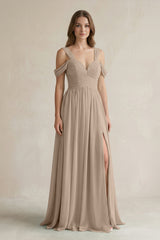Almond Off-the-Shoulder A-Line Chiffon Bridesmaid Dress With Slit | KISSBRIDAL