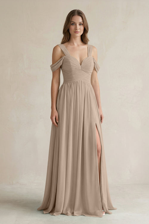 Almond Off-the-Shoulder A-Line Chiffon Bridesmaid Dress With Slit | KISSBRIDAL