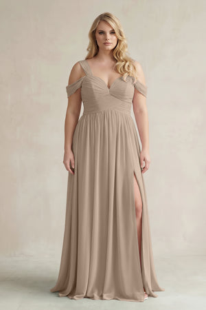 Almond Off-the-Shoulder A-Line Chiffon Bridesmaid Dress With Slit | KISSBRIDAL
