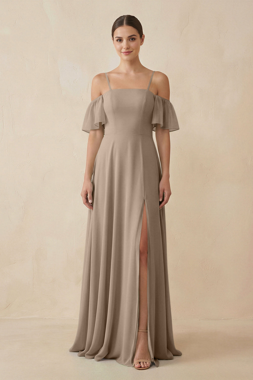 Off-the-Shoulder A-Line Chiffon Bridesmaid Dress in Almond