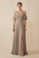 Almond Off-the-Shoulder A-Line Chiffon Bridesmaid Dress | KISSBRIDAL