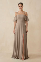 Almond Off-the-Shoulder A-Line Chiffon Bridesmaid Dress | KISSBRIDAL