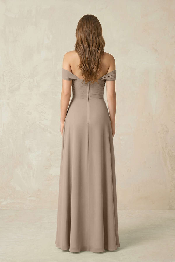 Almond Off-the-Shoulder A-Line Chiffon Pleated Bridesmaid Dress (2) | KISSBRIDAL
