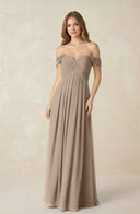 Almond Off-the-Shoulder A-Line Chiffon Pleated Bridesmaid Dress | KISSBRIDAL