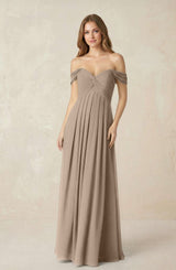 Almond Off-the-Shoulder A-Line Chiffon Pleated Bridesmaid Dress | KISSBRIDAL