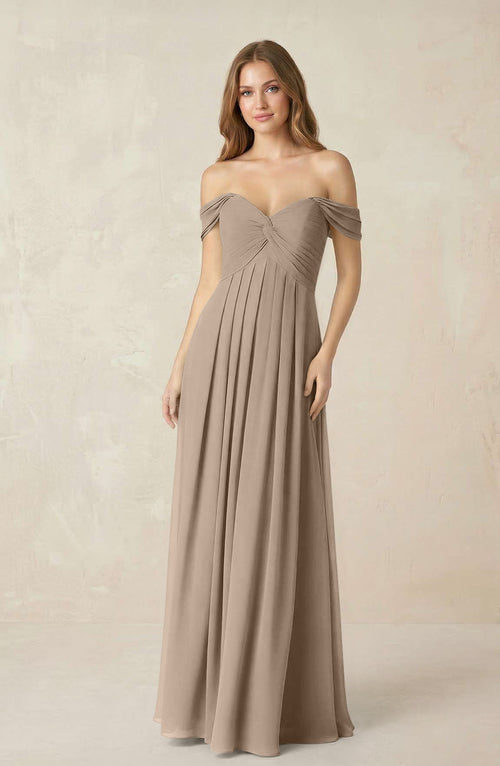 Almond Off-the-Shoulder A-Line Chiffon Pleated Bridesmaid Dress | KISSBRIDAL