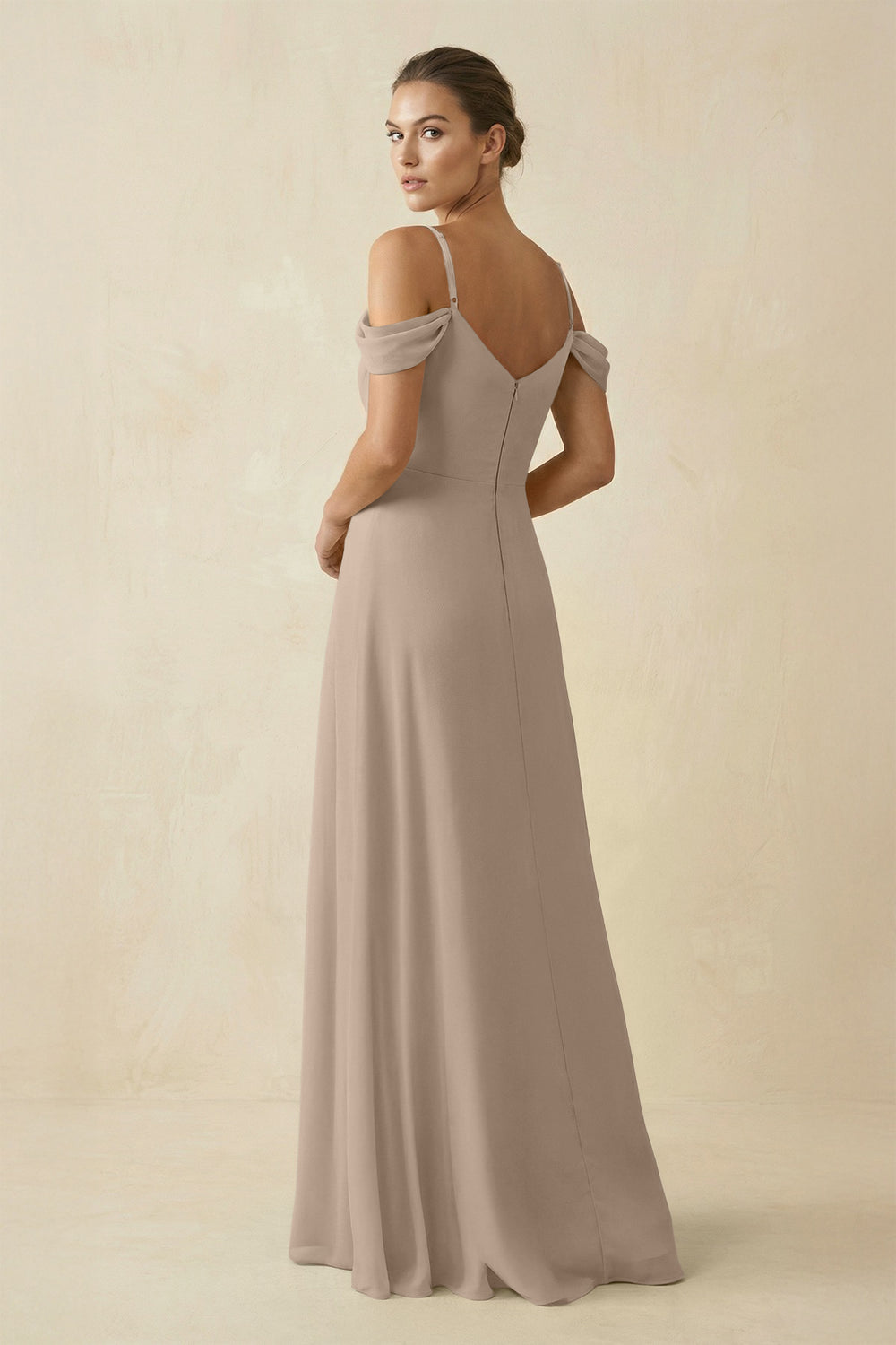 Off-the-Shoulder A-Line Pleated Chiffon Bridesmaid Gown in Almond