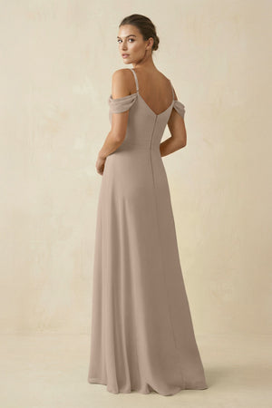 Almond Off-the-Shoulder A-Line Pleated Chiffon Bridesmaid Gown (2) | KISSBRIDAL