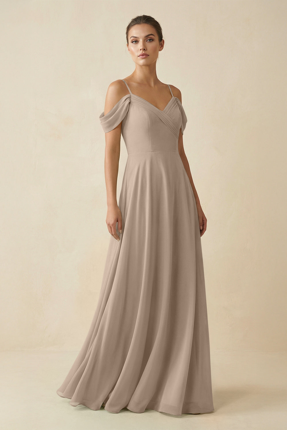 Off-the-Shoulder A-Line Pleated Chiffon Bridesmaid Gown in Almond