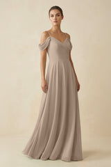 Almond Off-the-Shoulder A-Line Pleated Chiffon Bridesmaid Gown | KISSBRIDAL