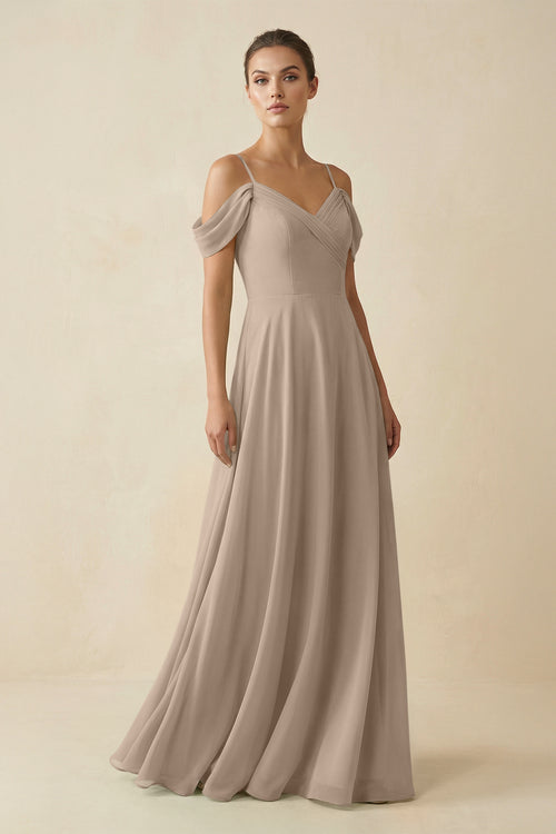 Almond Off-the-Shoulder A-Line Pleated Chiffon Bridesmaid Gown | KISSBRIDAL