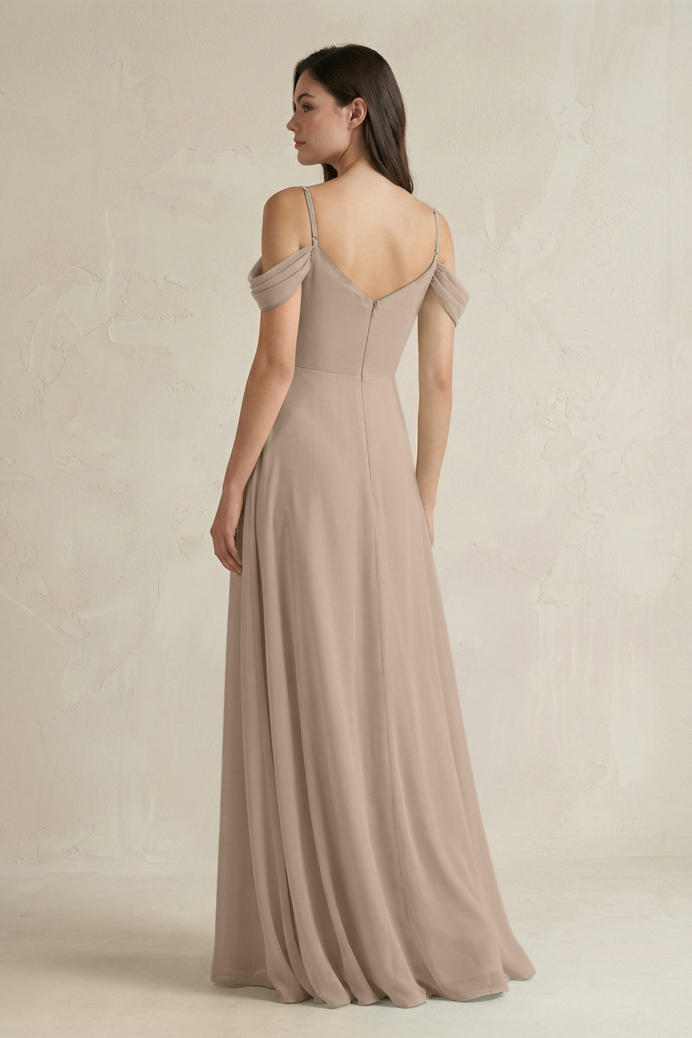 Off-the-Shoulder Chiffon A-Line Bridesmaid Dress in Almond