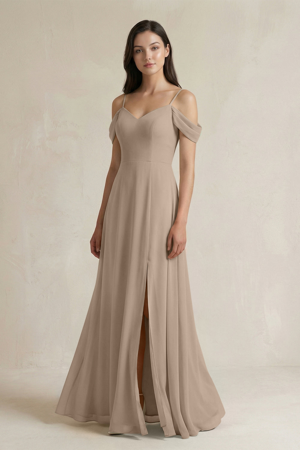 Off-the-Shoulder Chiffon A-Line Bridesmaid Dress in Almond