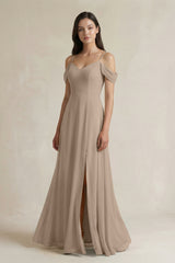 Almond Off-the-Shoulder Chiffon A-Line Bridesmaid Dress | KISSBRIDAL