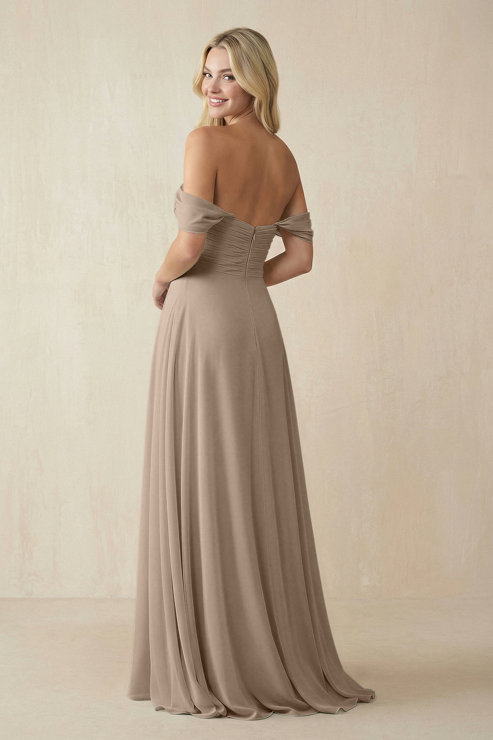 Off-the-Shoulder Chiffon A-Line Long Bridesmaid Dress in Almond