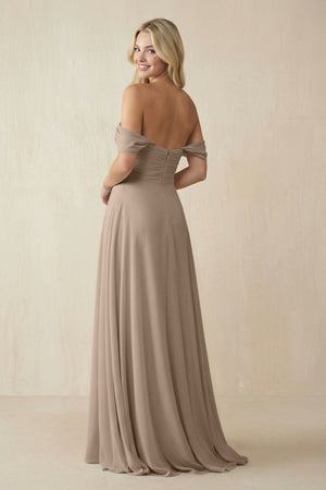 Almond Off-the-Shoulder Chiffon A-Line Long Bridesmaid Dress (2) | KISSBRIDAL