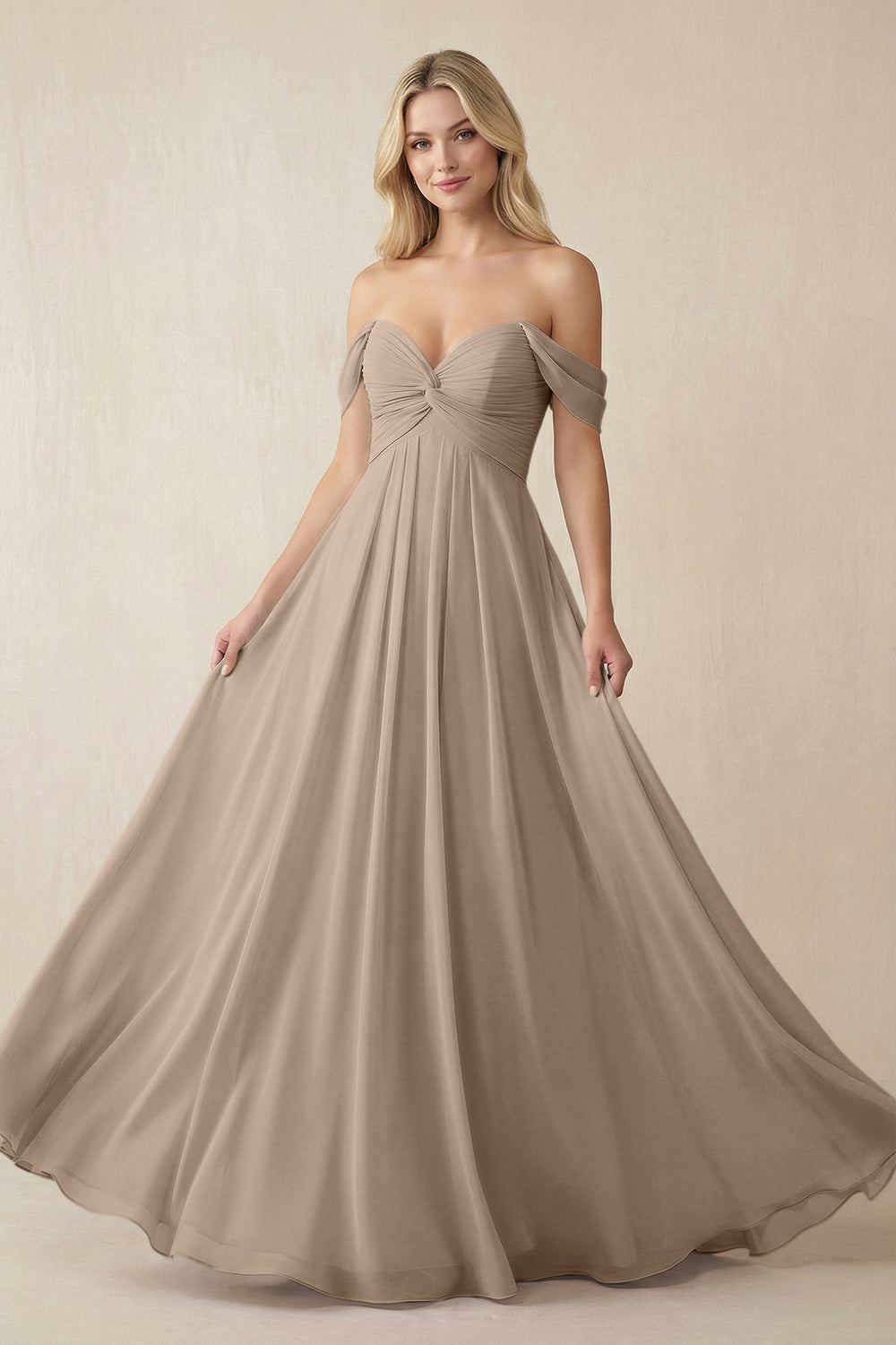 Off-the-Shoulder Chiffon A-Line Long Bridesmaid Dress in Almond