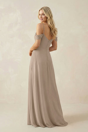 Almond Off-the-Shoulder Chiffon A-Line Maxi Bridesmaid Dress (2) | KISSBRIDAL