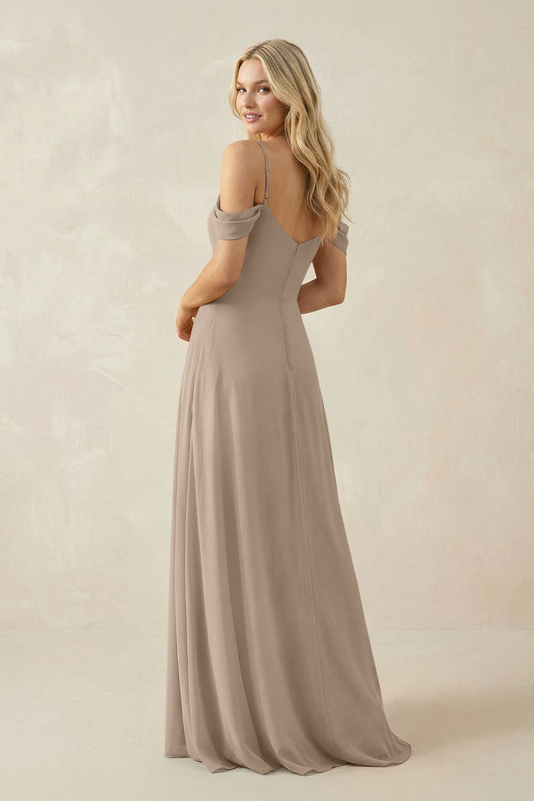 Almond Off-the-Shoulder Chiffon A-Line Maxi Bridesmaid Dress (2) | KISSBRIDAL