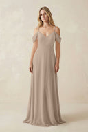 Almond Off-the-Shoulder Chiffon A-Line Maxi Bridesmaid Dress | KISSBRIDAL