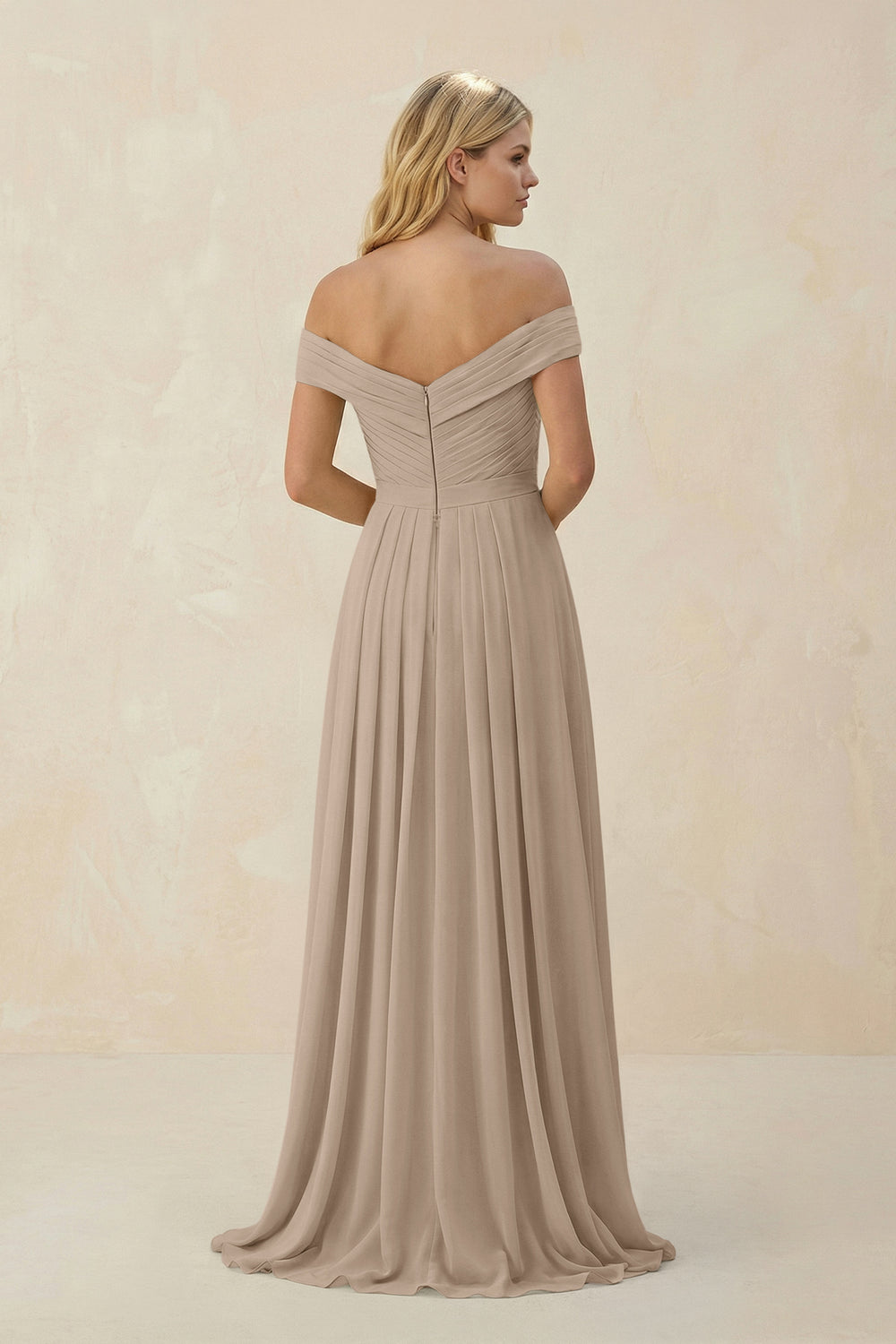 Off-the-Shoulder Pleated A-Line Chiffon Bridesmaid Dress in Almond