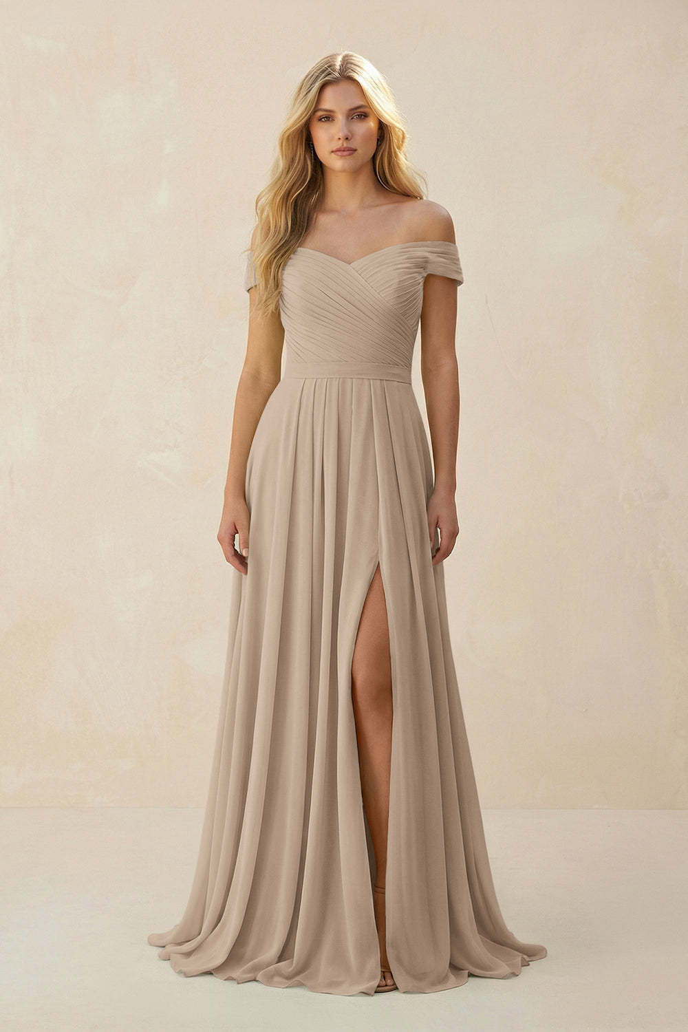 Off-the-Shoulder Pleated A-Line Chiffon Bridesmaid Dress in Almond