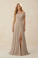 Almond Off-the-Shoulder Pleated A-Line Chiffon Bridesmaid Dress | KISSBRIDAL