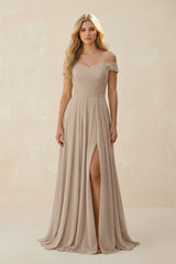 Almond Off-the-Shoulder Pleated A-Line Chiffon Bridesmaid Dress | KISSBRIDAL