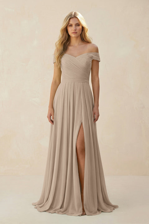 Almond Off-the-Shoulder Pleated A-Line Chiffon Bridesmaid Dress | KISSBRIDAL